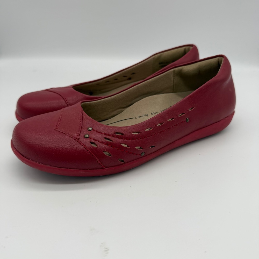 Homy Ped Womens Red Leather Comfort Ballet Flats Laser‎ Cut Studded Shoes Sz 6.5